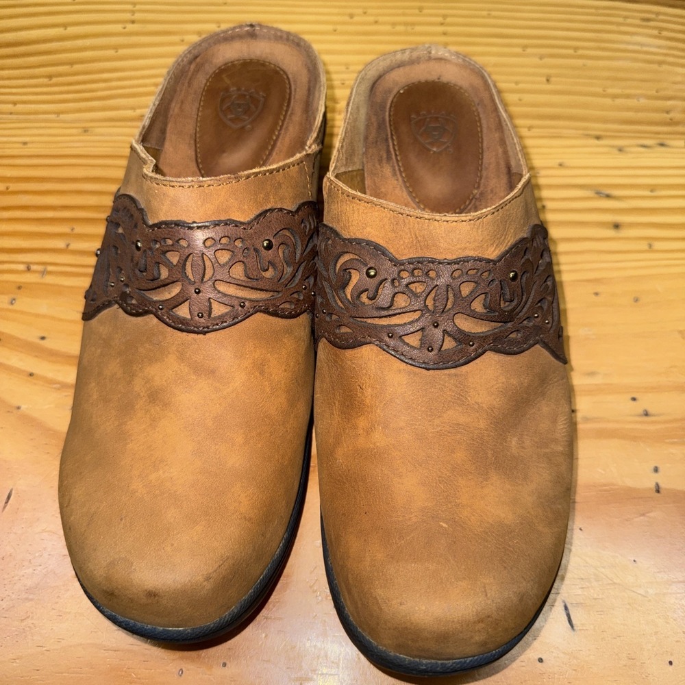 Ariat Clogs Brown Tan Leather Mules Slip On Shoes Womens Size 8.5 B‎ Style 21435